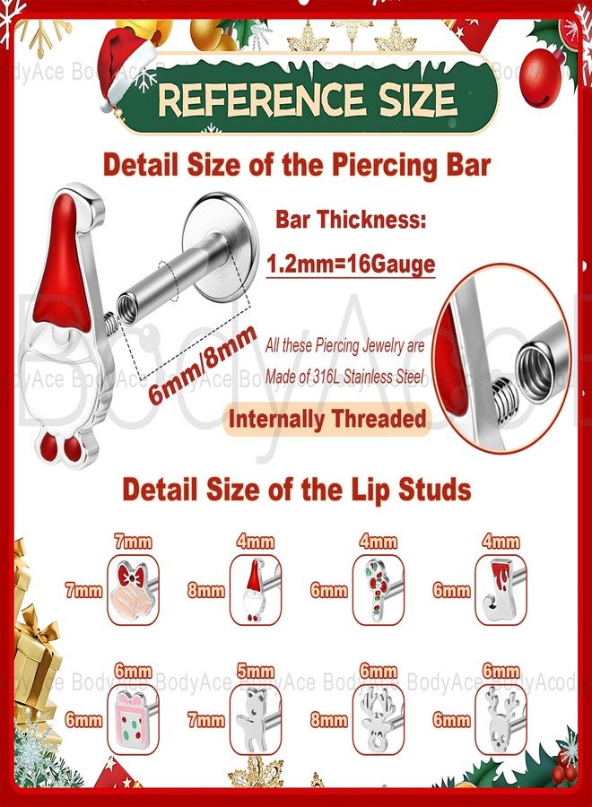 BodyAce Christmas Labret Studs Lip Ring Flat Back Tragus Earrings for Women 16 Gauge Christmas Santa Conch Cartilage Piercing Cute Helix Jewelry [Bar Length:8mm] - Image 2